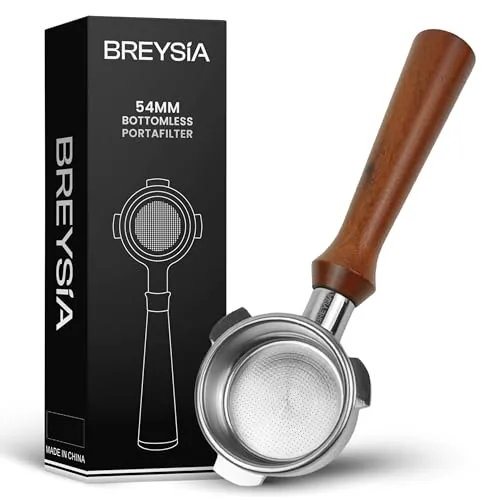 BREYSIA 54mm Bottomless Portafilter Rosewood Handle 18g Basket