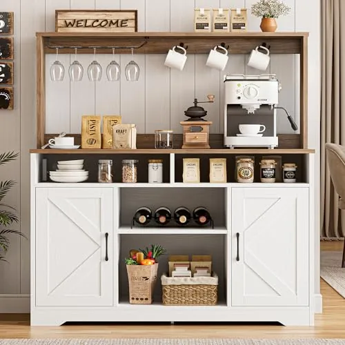 IRONCK 58in Farmhouse Coffee Bar Cabinet White w/ Power