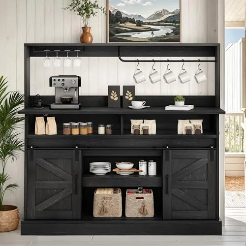 YITAHOME 52in Farmhouse Coffee Bar Cabinet Black Oak