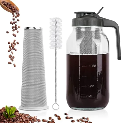 QHH 64oz Cold Brew Mason Jar with Steel Filter