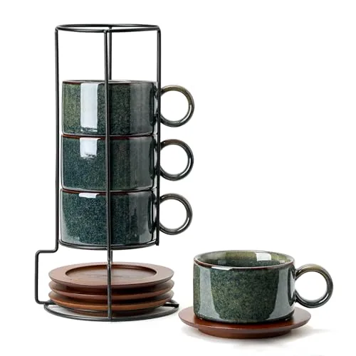 LUKA 6oz Porcelain Stackable Espresso Cups with Stand Set of 4