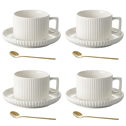 AYUCIA 8oz Cappuccino Cups with Saucers and Spoons Set of 4
