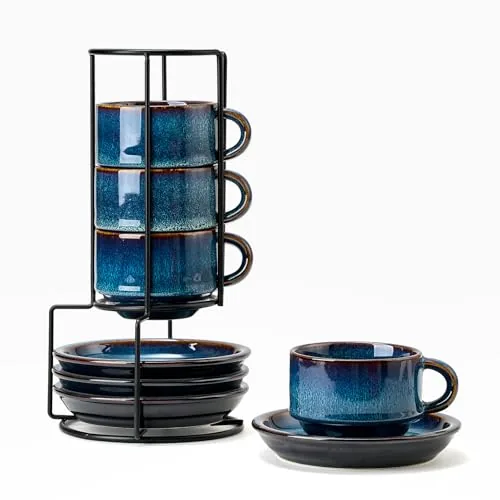 JIEMEI HOME 7oz Reactive Glaze Cappuccino Set with Stand