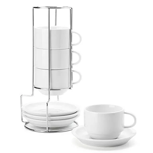 Sweese 8oz Porcelain Cappuccino Cups with Stand Set of 4