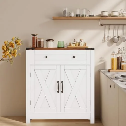 GRUSIGN 30in Coffee Bar Cabinet White Farmhouse Sideboard
