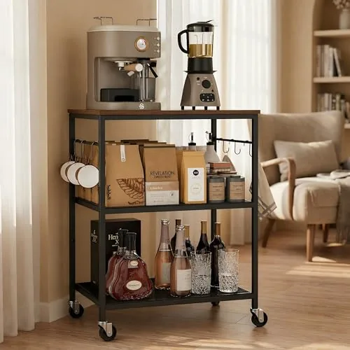 Homleke 3-Tier Rolling Kitchen Cart Rustic Brown Black