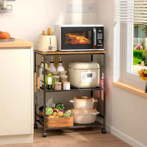 ThreeHio 3-Tier Rolling Microwave Cart with Lockable Wheels
