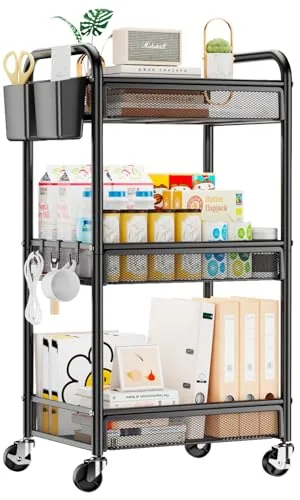 YASONIC 3-Tier Metal Rolling Cart with Hooks and Cups