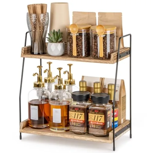 ANBOXIT 2-Tier Wood and Iron Coffee Bar Shelf