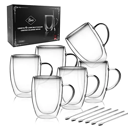 LIBWYS 12oz Double-Wall Borosilicate Glass Mugs 6-Pack