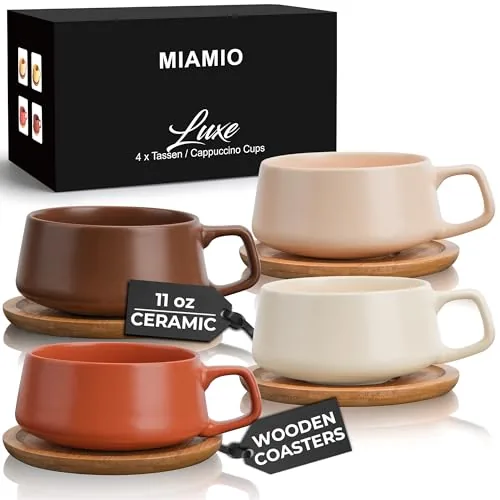 MIAMIO Luxe 11oz Ceramic Cup and Saucer Set of 4