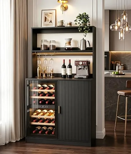 Lamtor Mini Fridge Cabinet with Hutch and Wine Rack