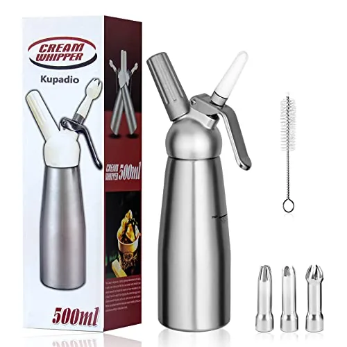 Kupadio 500mL Aluminum Whipped Cream Dispenser 3 Nozzles